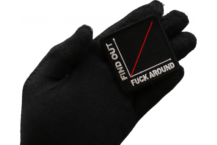 More You Fuck Around More You Find Out Patch, Biker Sayings shown on hand for size comparison