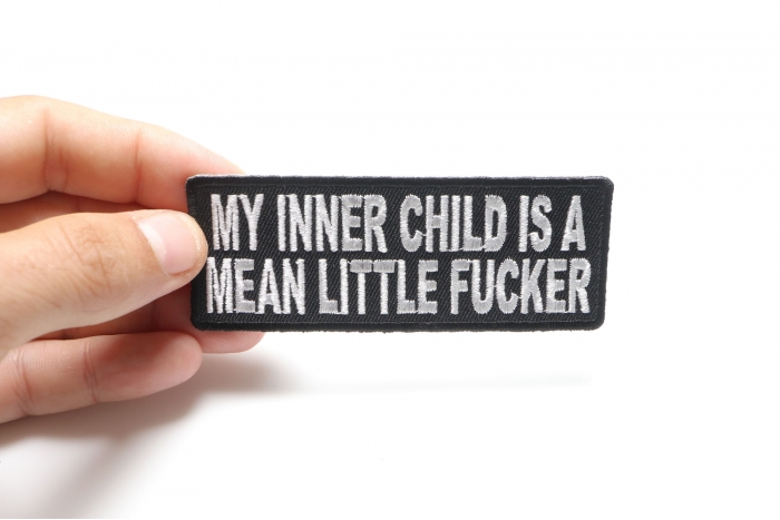 My Inner Child Is A Mean Little Fucker Patch, Funny Patches for Adults shown on hand for size comparison