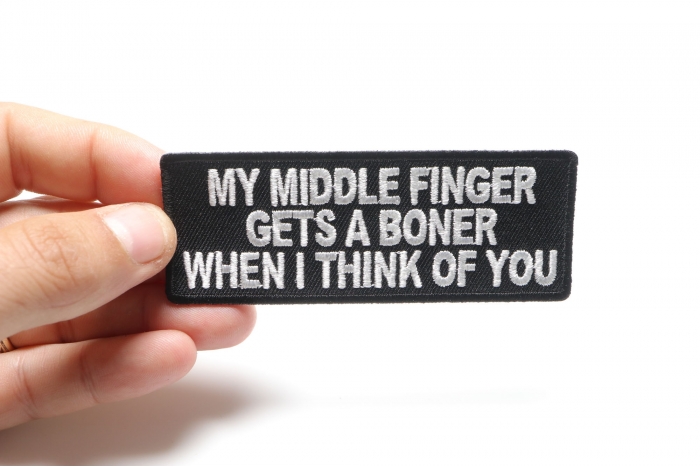 My Middle Finger Gets A Boner Patch shown on hand for size comparison