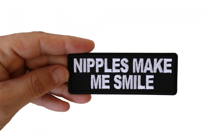 Nipples Make Me Smile Patch, Funny Patches for Adults shown on hand for size comparison