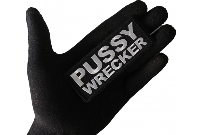 Pussy Wrecker Patch shown on hand for size comparison