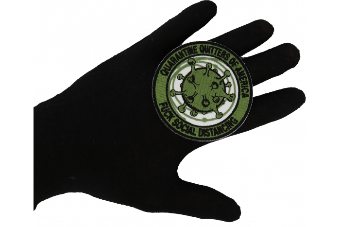 Quarantine quitters of America Fuck Social Distancing Corona Virus Patch shown on hand for size comparison