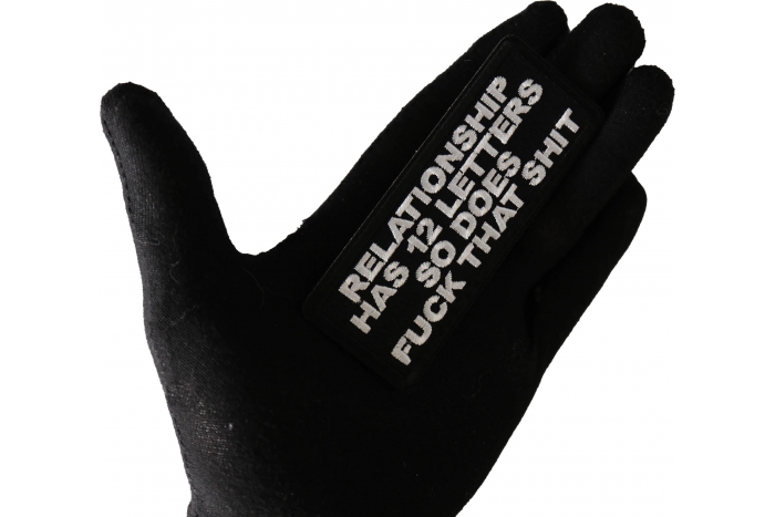 Relationship Has 12 Letters So Does Fuck That Shit Patch, Funny Saying Patches, Sew or Iron on Patch shown on hand for size comparison