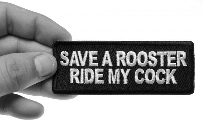 Save a Rooster Ride My Cock Patch shown on hand for size comparison