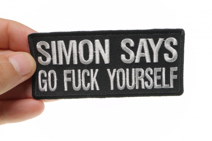 Simon Says Go Fuck Yourself Patch, Funny Patches for Adults shown on hand for size comparison