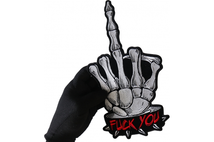 Fuck You Skeleton Middle Finger Patch, Large Back Patches for Vests shown on hand for size comparison