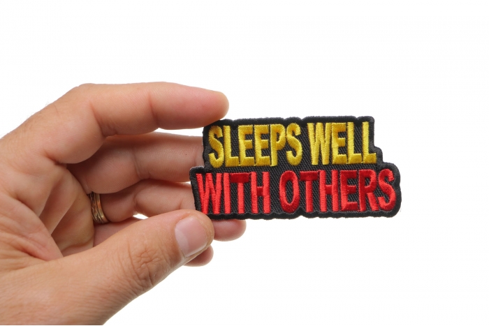 Sleeps Well With Others Patch, Funny Saying Patches shown on hand for size comparison