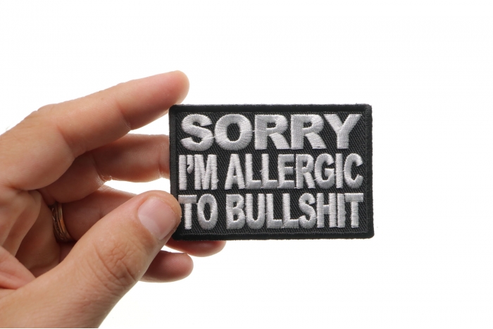 Sorry Im Allergic To Bullshit Patch, Funny Patches for Adults shown on hand for size comparison