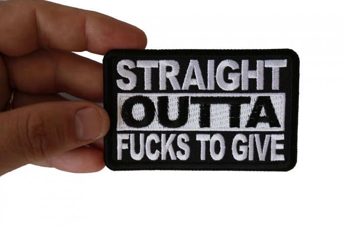 Straight Outta Fucks To Give Patch, Funny Patches for Adults shown on hand for size comparison