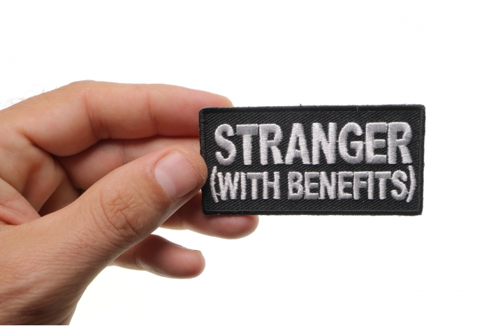 Stranger With Benefits Patch, Funny Patches for Adults shown on hand for size comparison