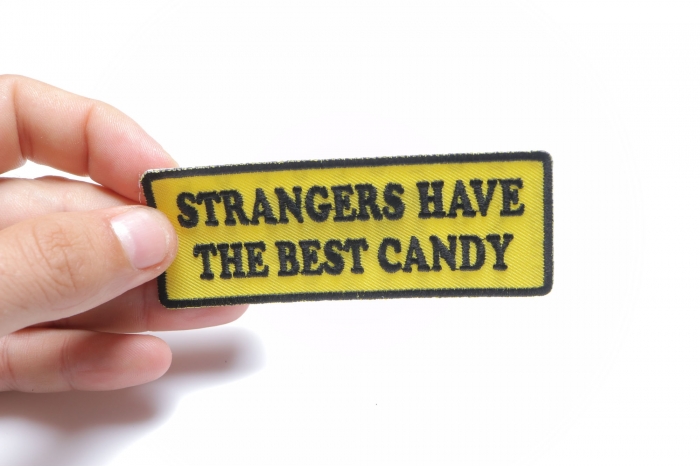 Strangers Have The Best Candy Patch, Funny Patches for Adults shown on hand for size comparison