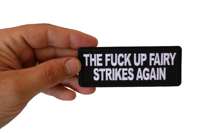 The Fuck Up Fairy Strikes Again Patch, Funny Patches for Adults shown on hand for size comparison