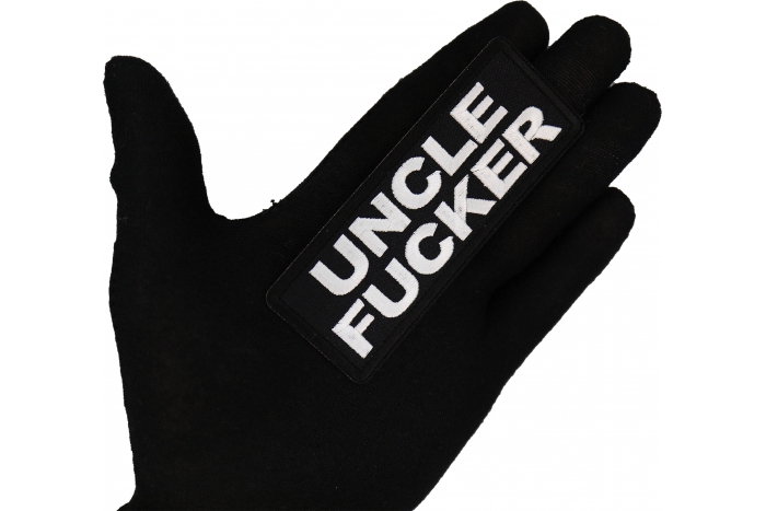 Uncle Fucker Patch, Funny Saying Patches shown on hand for size comparison