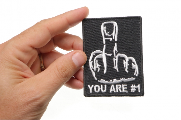 You Are No 1 Middle Finger Patch shown on hand for size comparison