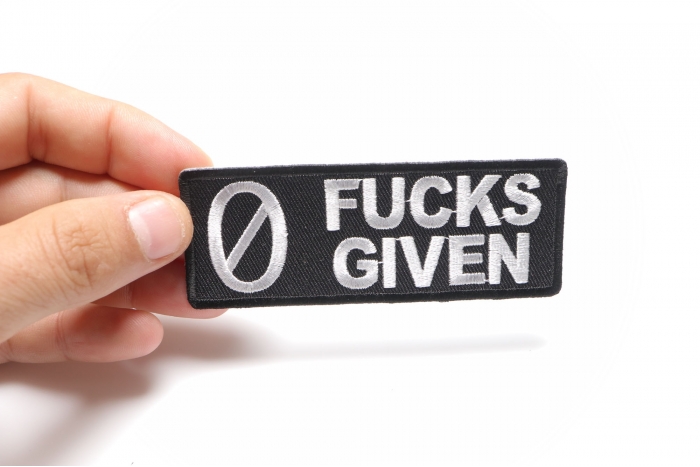 Zero Fucks Given Patch, Funny Patches for Adults shown on hand for size comparison