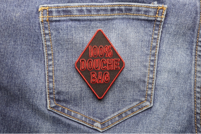 100 Percent Douche Bag Funny Iron on Patch shown on jeans