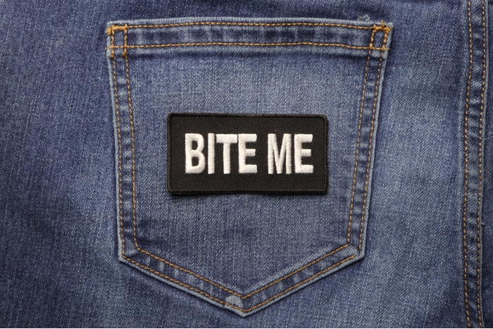 Bite Me Patch shown on jeans