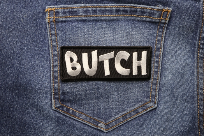 BUTCH Funny Iron on Patch shown on jeans