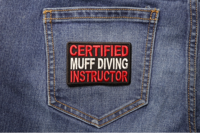 Certified Muff Diving Instructor Patch shown on jeans