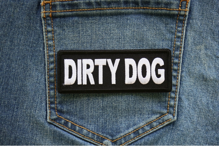 Dirty Dog Iron on Patch shown on jeans