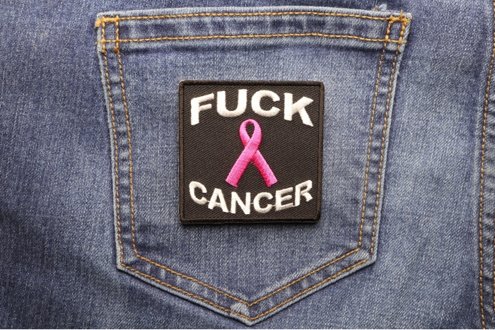 Fuck Cancer Naughty Iron on Patch shown on jeans
