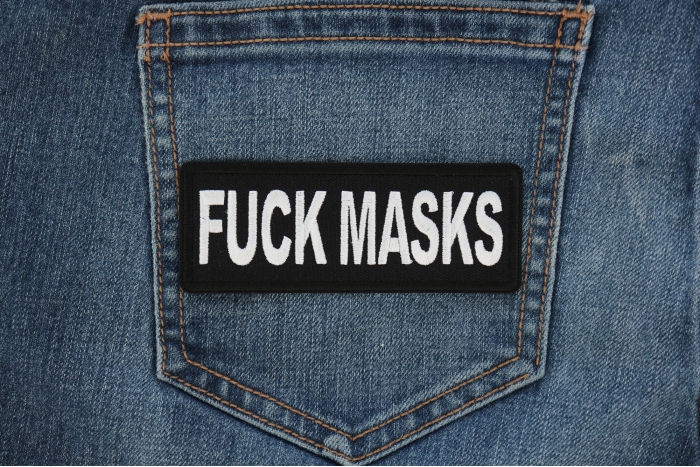 Fuck Masks Patch shown on jeans