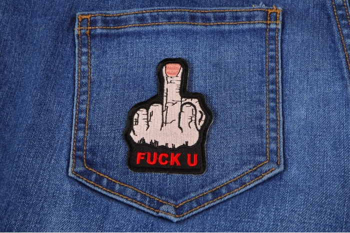 Fuck U Finger Naughty Iron on Patch shown on jeans