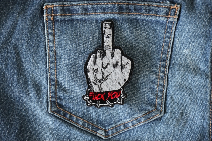 Fuck You Giving the Finger Patch shown on jeans