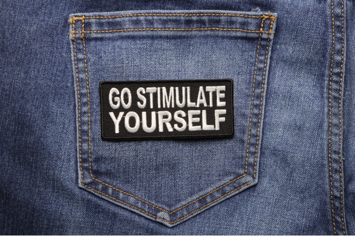 Go Stimulate Yourself Patch shown on jeans