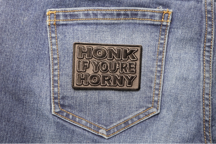 Honk If You Are Horny Patch shown on jeans