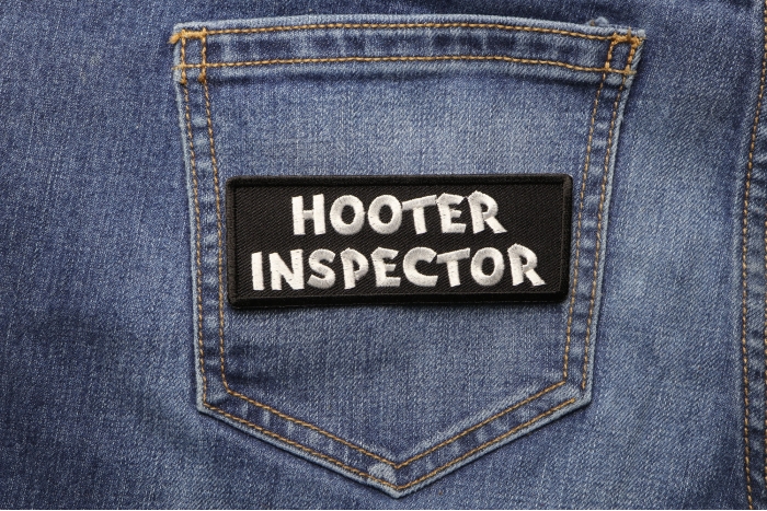 Hooter Inspector Naughty Iron on Patch shown on jeans