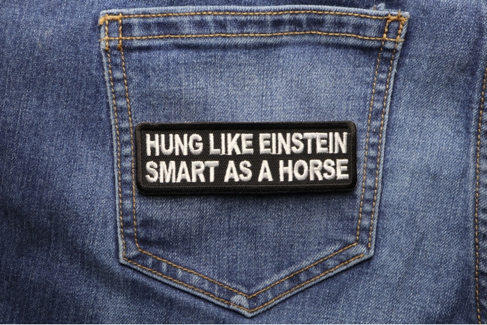 Hung Like Einstein Smart As A Horse Patch shown on jeans