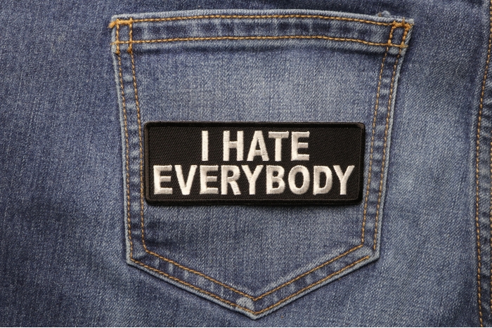 I Hate Everybody Naughty Iron on Patch shown on jeans