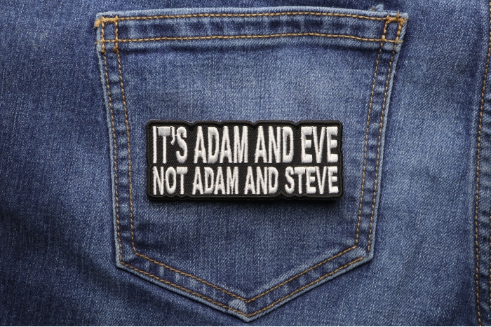 It's Adam and Eve Not Steve Patch shown on jeans