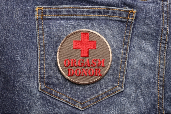 Orgasm Donor Patch shown on jeans