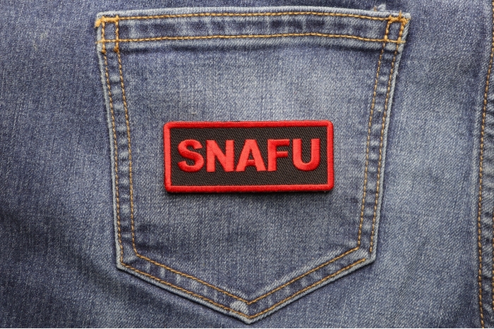 SNAFU Patch shown on jeans