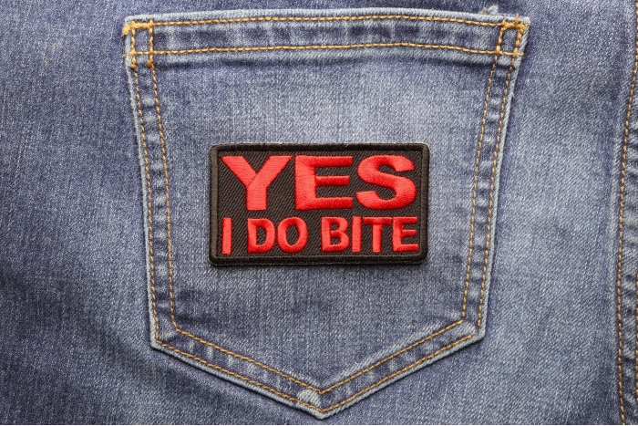 Yes I Do Bite Patch shown on jeans