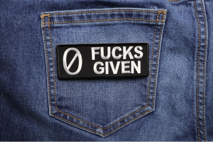 Zero Fucks Given Patch shown on jeans