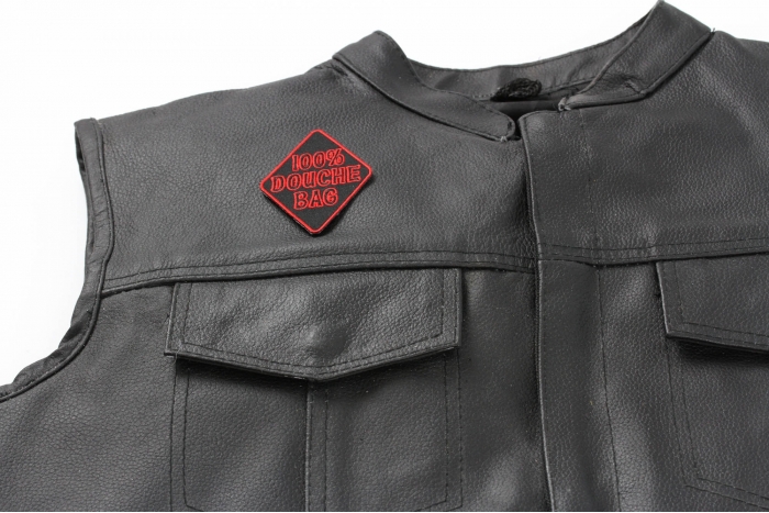 100 Percent Douche Bag Patch - Iron on Patch - 3x2 inch shown on leather vest