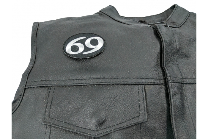69 Patch, Iron on Patch, Embroidered shown on leather vest