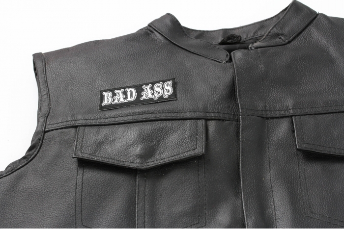 Bad Ass Patch, Funny Patches for Adults shown on leather vest