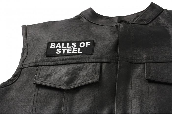 Balls Of Steel Patch - Iron on Patch - 4x1.5 inch shown on leather vest