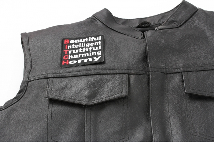 Beautiful Intelligent Bitch Patch - 3x3 inch. Embroidered Iron on Patch shown on leather vest