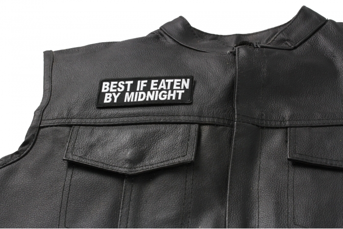 Best If Eaten By Midnight Fun Patch - Iron on Patch - 4x1.5 inch shown on leather vest