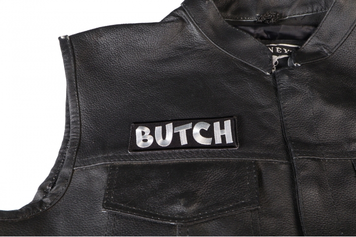 BUTCH Patch - Iron on Patch - 4x1.5 inch shown on leather vest