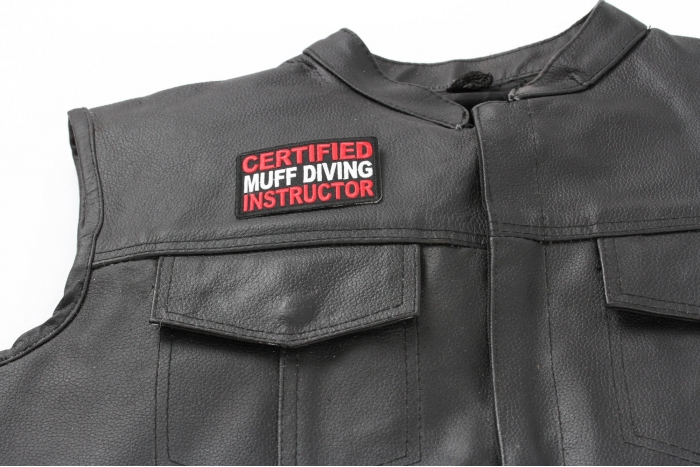 Certified Muff Diving Instructor Patch - 3x2 inch shown on leather vest