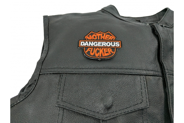 Dangerous Mother Fucker Patch, Funny Patches for Adults shown on leather vest