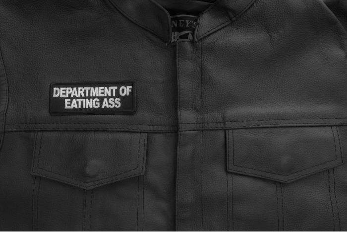 Department of Eating Ass Patch shown on leather vest