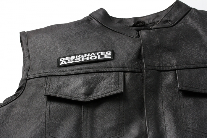 Designated Asshole Patch, Funny Patches for Adults shown on leather vest