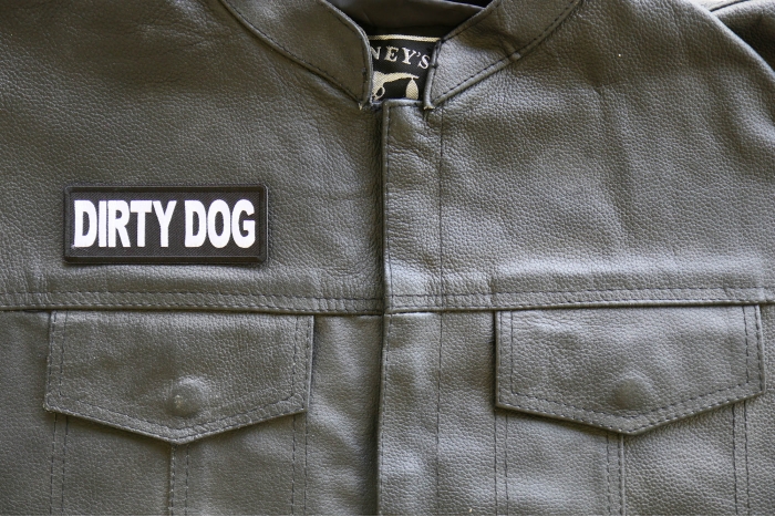 Dirty Dog Iron on Patch shown on leather vest